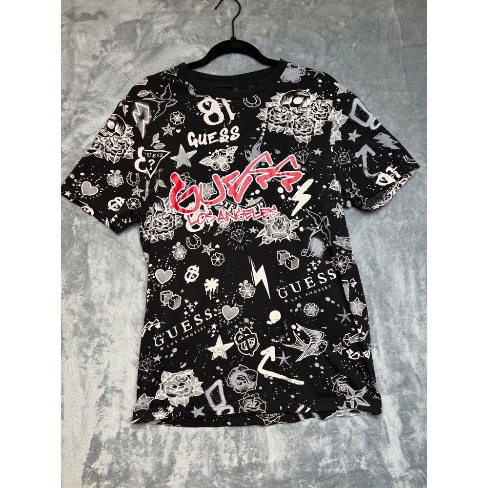 Guess Los Angeles Black Tattoo Graphic Print T-Shirt Mens Large Streetwear Tee